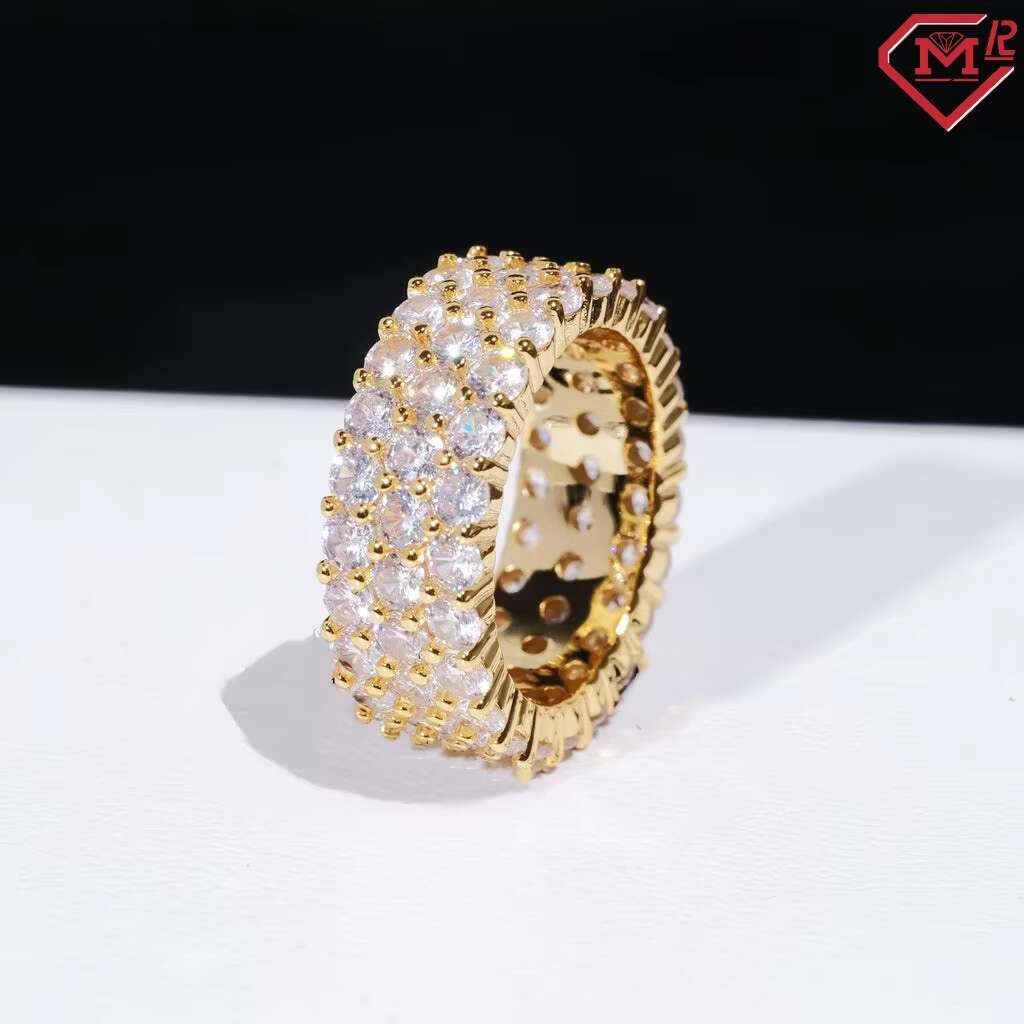 Iced Out Hiphop Moissanite Ring Band 3 Row Pave Setting Eternity Ring Gold Plated 925 Sterling Silver Vvs Moissanite Ring