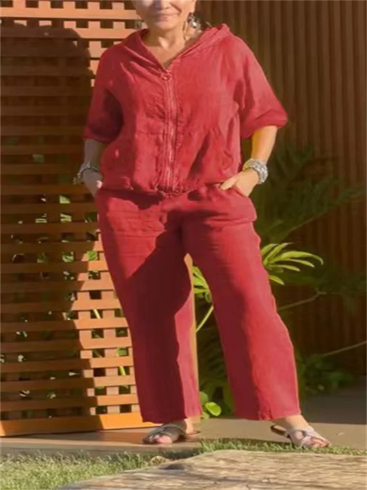 Plus size womens suit solid color cotton hemp fashion zipper hoodie top pants plus size womens clothing 250410
