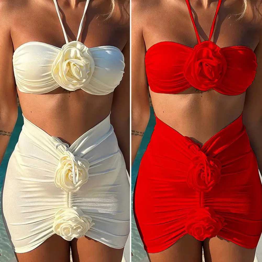 3Pcs/Set Women Summer Bikini Set 3D Rose Flower Decor Halter Bandeau Pleated Bra Swimming Trunks Overskirt Set Swimsuit W251113