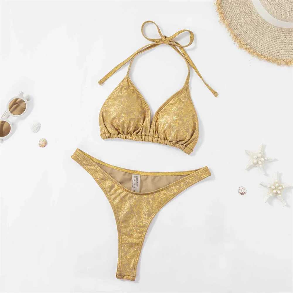 Golden Bikini Thong String Swimsuit Swimwear Women 2025 Trend Luxury Two Piece Bathing Swim Suit Brazilian Beach Vacation OutfitW251113