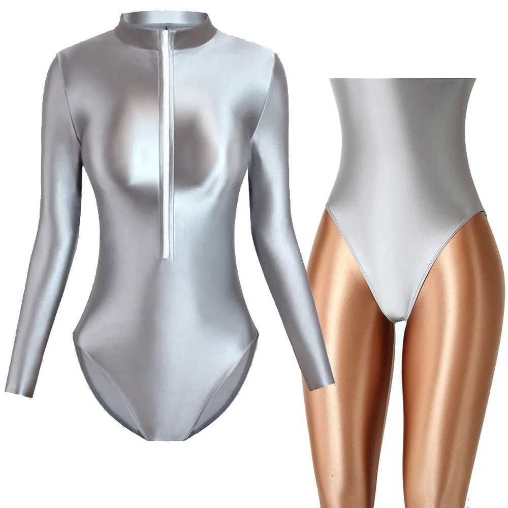 MJINM Women Satin Smooth Yoga Sports Front Zipper Bodysuits High Neck One Piece Swimsuit Oil Long Sleeve Leotards Surfing TightsW251113