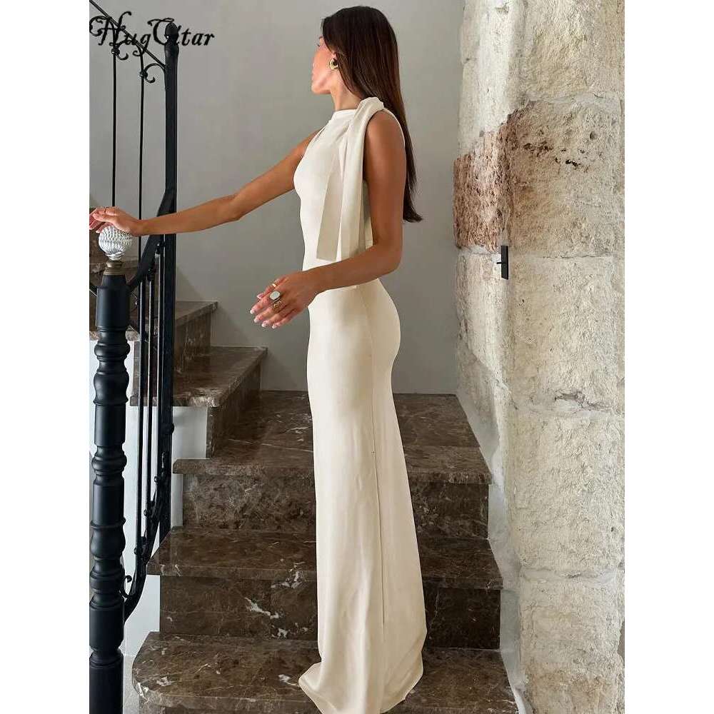 Huitar Fashion Solid O Neck Sleeveless Patchwork Sexy Bodycon Maxi Prom Dress Summer Women Clothes Party Festival Club Y2k