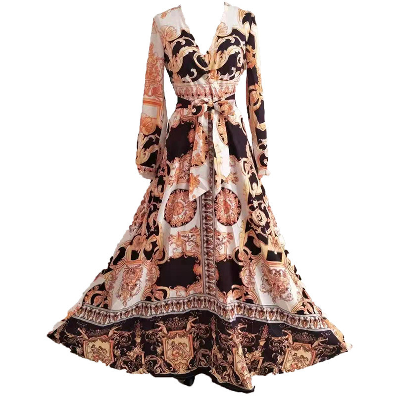 2025 Evening Dress Printed Dress V-neck Hooded Long Sleeve Large Swing Split Long Dress