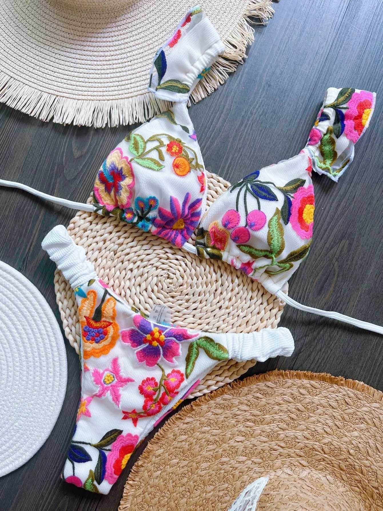 RUOTONSEPT 2024 New Sexy Handmade Embroidery Bikini Set Womens Swimsuit Triangle Swimwear Bathing Suit Brazilian BiquinisW251113