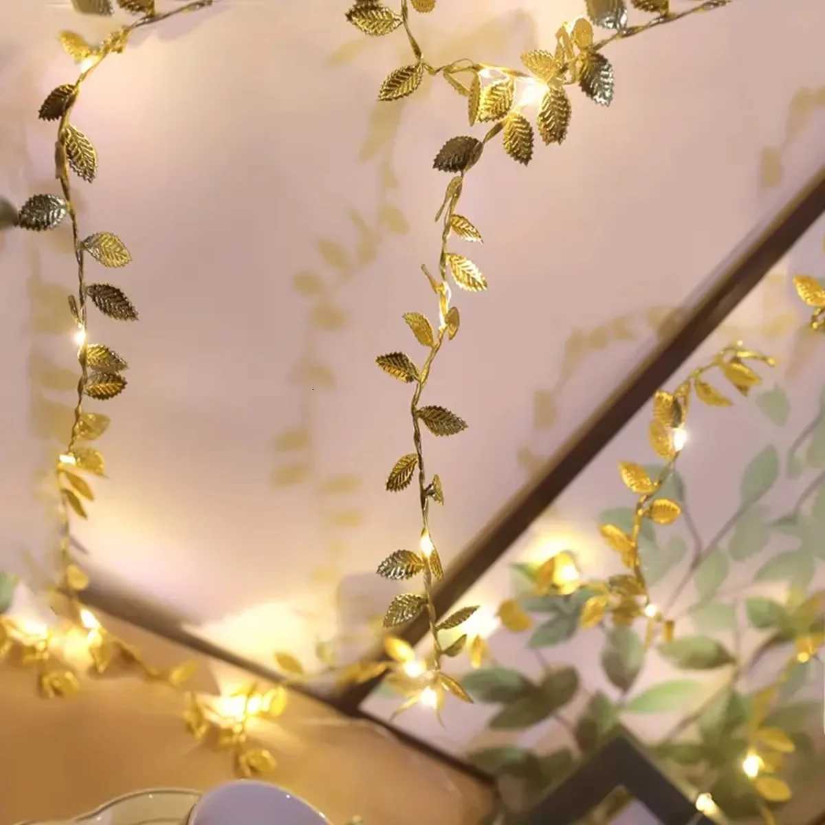 1PC 2M 20LED Golden Tiny Leaves Fairy Light Battery Powerd Led Copper Wire String Lights For Home Wedding Party Festival Decor W251112