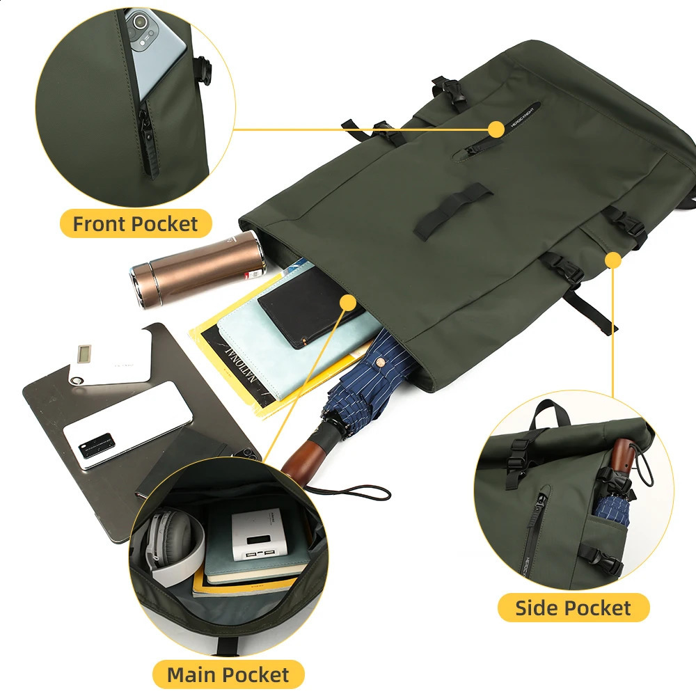 Mens waterproof travel backpack with rolled top and large capacity 156inch laptop equipped USB hiking bag 250409