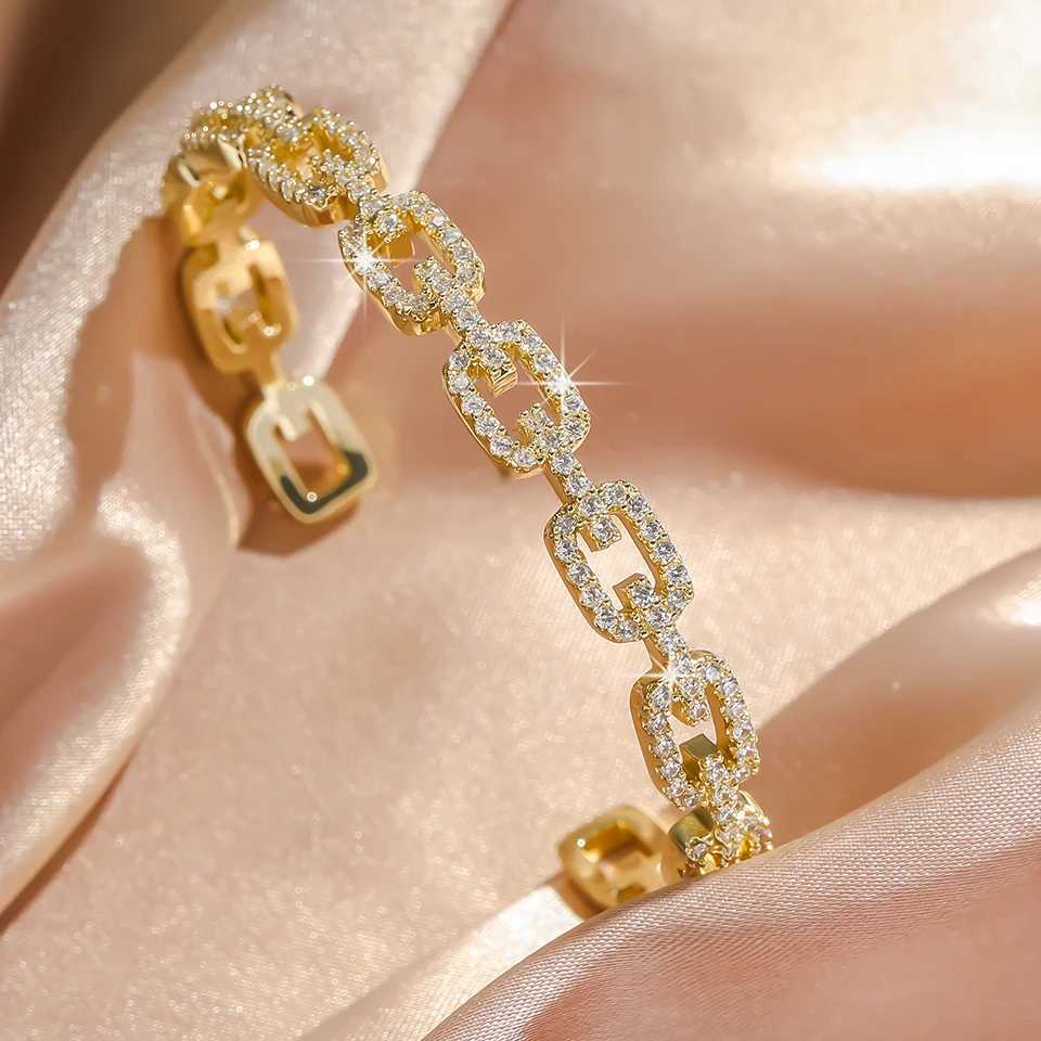 Yupsk Shiny Zircon Hollow Rectangle Link Cuff Bangle Bracelet for Women Luxury Wedding Party Jewelry Womens GiftC250411