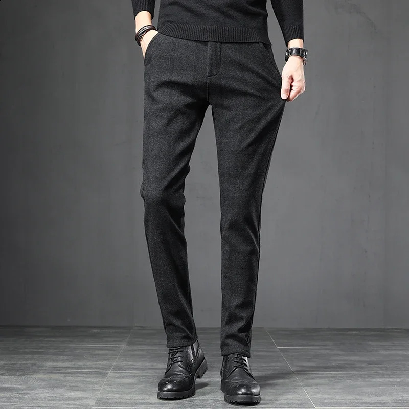 Autumn mens brushed flat bottom pants Korean style gray elastic straight slim fashion work pants blue and black men 250410