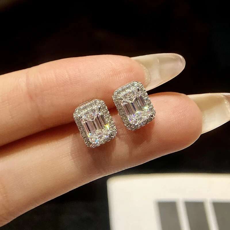 GRA 1CT D Color Sparkling Rectangle Moissanite Diamond Stud Earrings For Women Real 925 Sterling Silver Top Quality Fine Jewelry