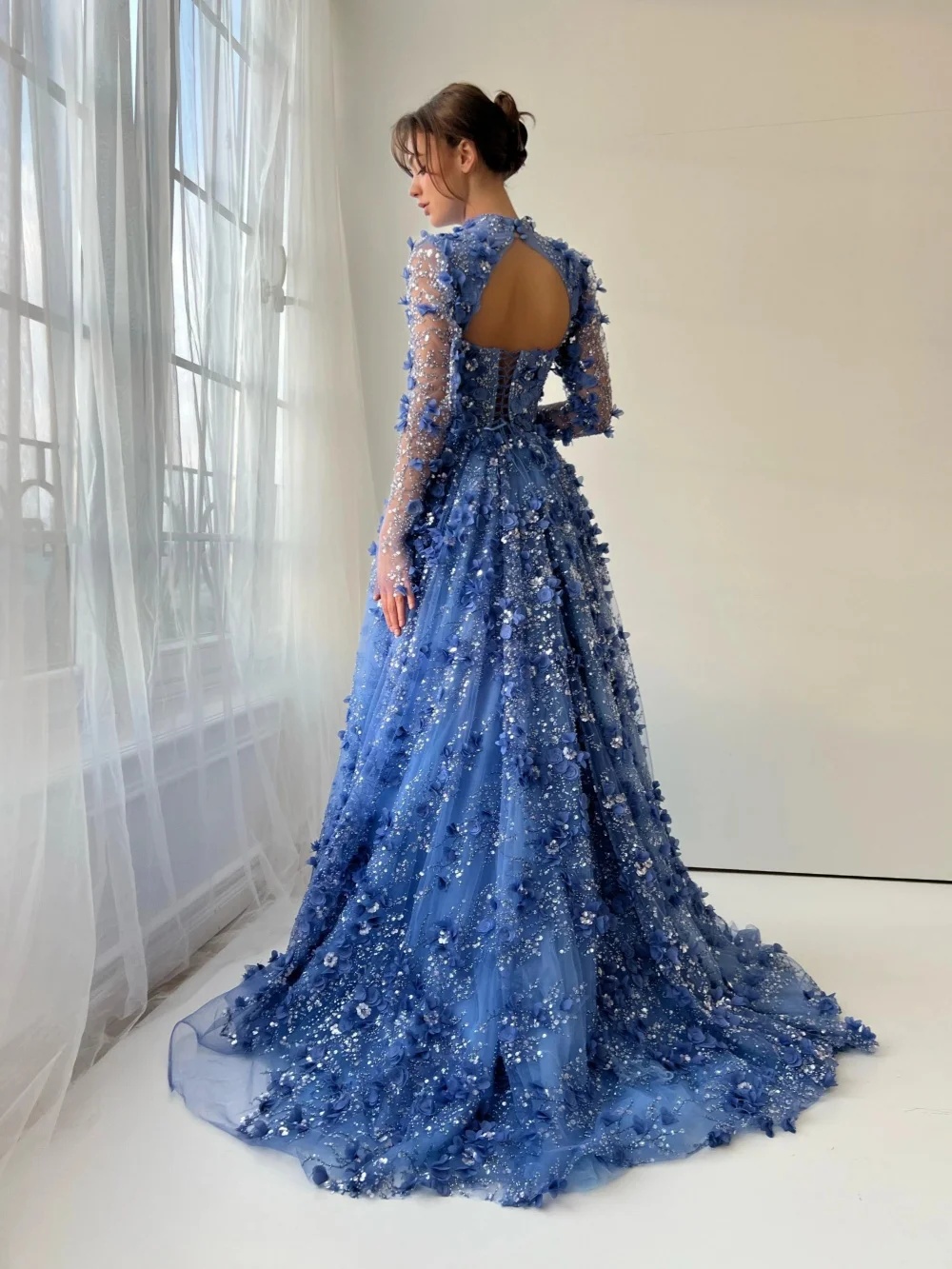 Fancy Evening Dresses 3D Flowers Sequins Prom Gown Detachable Train Long Sleeves Backless Mermaid Customized Vestidos De Noche Plus Size
