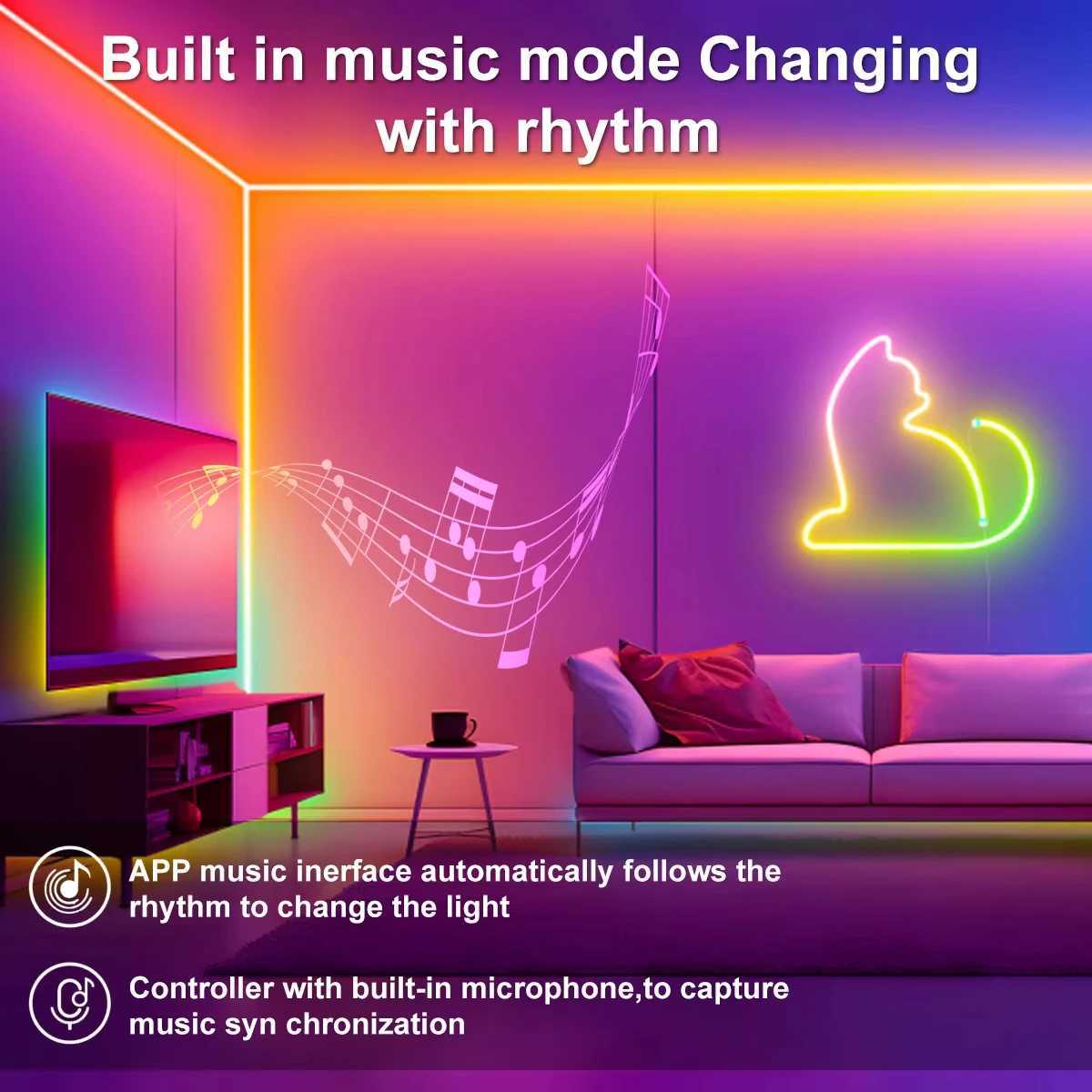 5V USB RGBIC Neon LED Strip Lights with Bluetooth APP Control Music Sync Waterproof Flexible Tape for Gaming Room Party Decor W251112