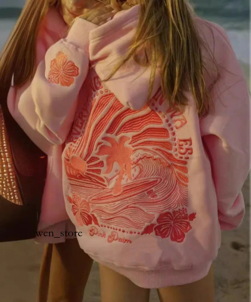 Pink Plam Hoodies Chasing Sunsets Pink Hoodie Women's Pink Palm Embroidered Sweatshirt - Y2k Loose Fit Streetwear Pullover For Couples Pink Plams D12