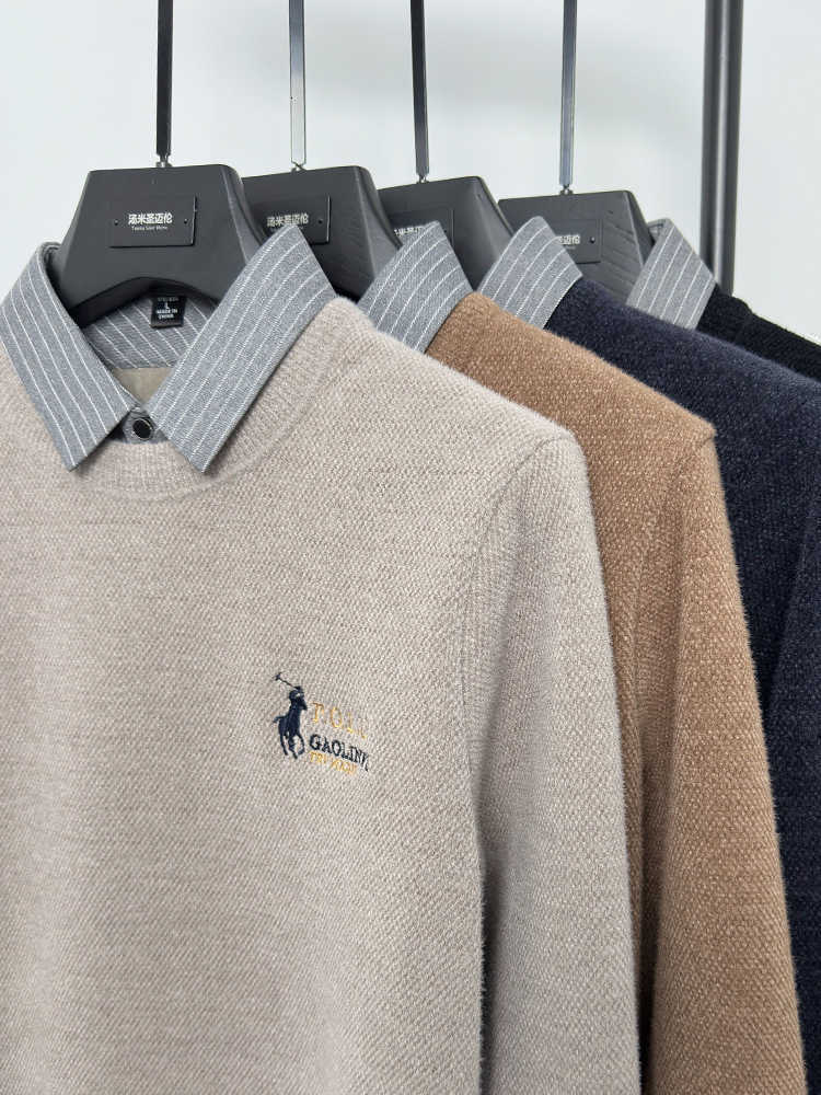 New style men's one-piece fleece-lined thickened sweater with shirt collar, false two-piece, winter warm knitted base layer. X251010