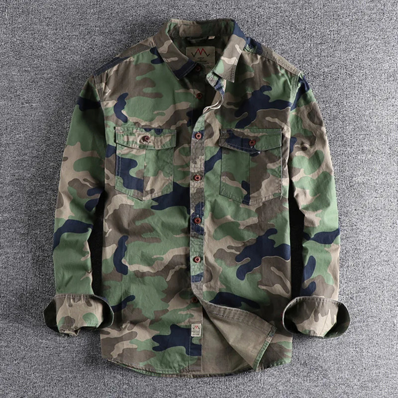 Mens cargo military shirt blue camouflage cotton washed street clothing highquality work hunting style mens long sleeved shirt jacket 250411