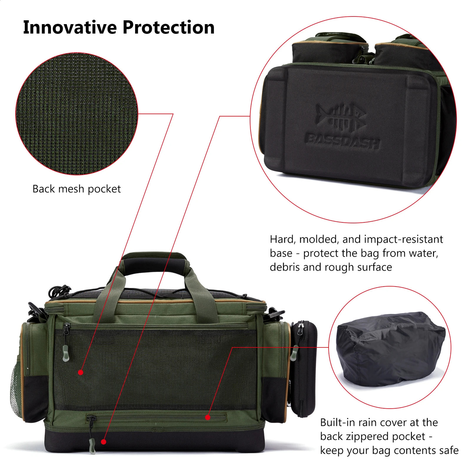 BASSDASH fishing rod shoulder bag waterproof and lightweight gear storage with hard molded bottom rain cover 250410