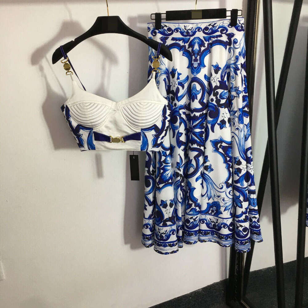 2024 South Oil Hot selling New Set Portrait strapless Strap Top+Blue and White Porcelain Printed High Waist Half Skirt