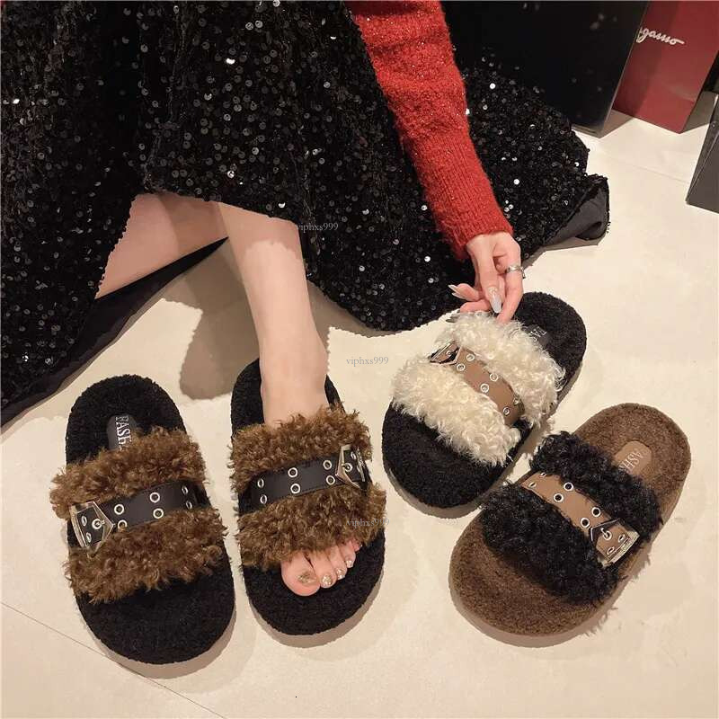 New Free Shipping Designer Shoes Premium Thick Bottom Belt Buckle Hairy For Women's Winter Outerwear 2025 Style With Skirt Teddy Plush Cotton Sli