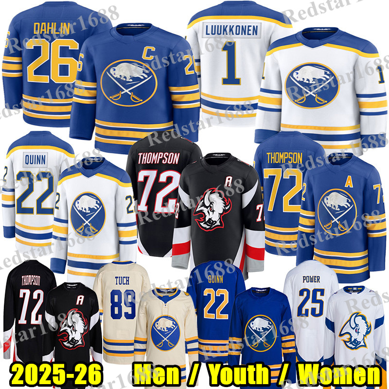 #72 Tage Thompson sabres hockey jersey #26 Rasmus Dahlin Ukko-Pekka Luukkonen Jack Quinn Power Ryan McLeod Georgiev Bowen Byram Alex Tuch Devon Levi Zach Benson jerseys