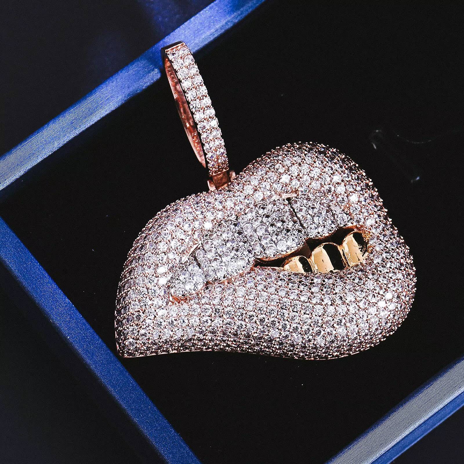 Fine Jewelry Customization 925 Sterling Silver Hip Hop Pendant Vvs Moissanite Diamond Lips Teeth Rose Gold Personalized Pendant