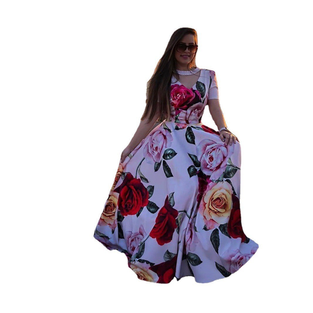 2025 Spring New Rose 3d Printed Large Pendulum Nail Bead Splicing Short Sleeve Dress