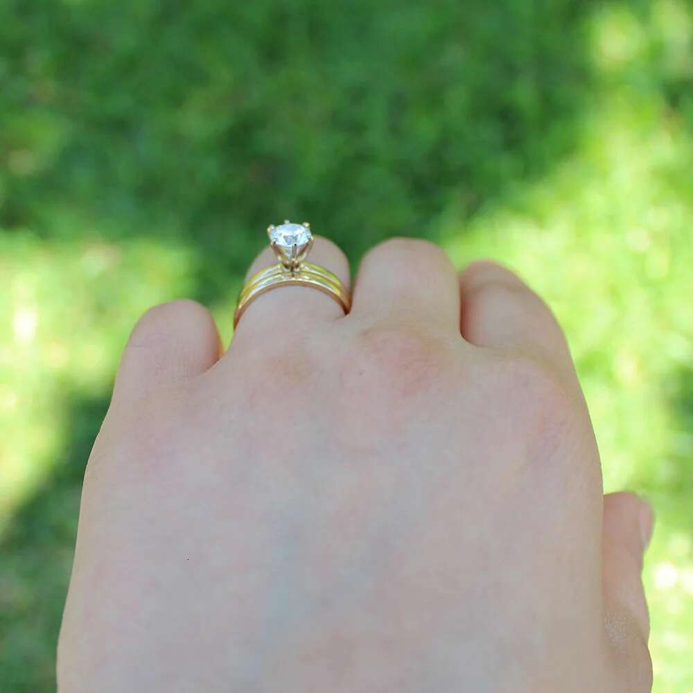 14K Yellow Gold 0.5ct 5mm Moissanite Engagement Solitaire Ring Set Lab Grown Diamond Wedding Ring Set for Women