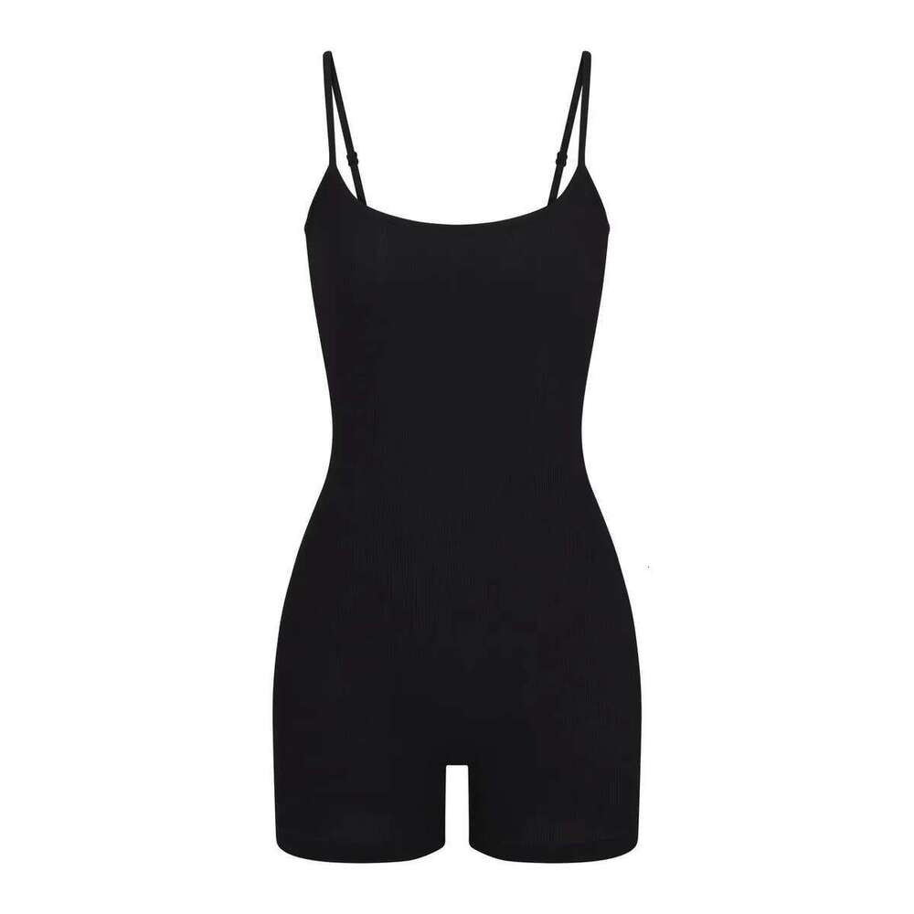 Women's Wear Kim Fine Ribbed Sleeveless Halter Jumpsuit Shorts Slim-Fit Stretch Adjustable Strap Sports Tights