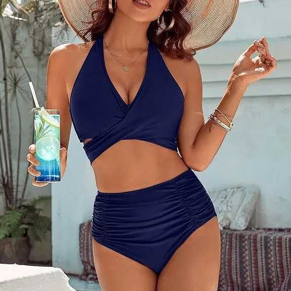 2025 new European beautiful womens belly swimsuit moderate high waist bikini suit cute neck swimsuitW251113