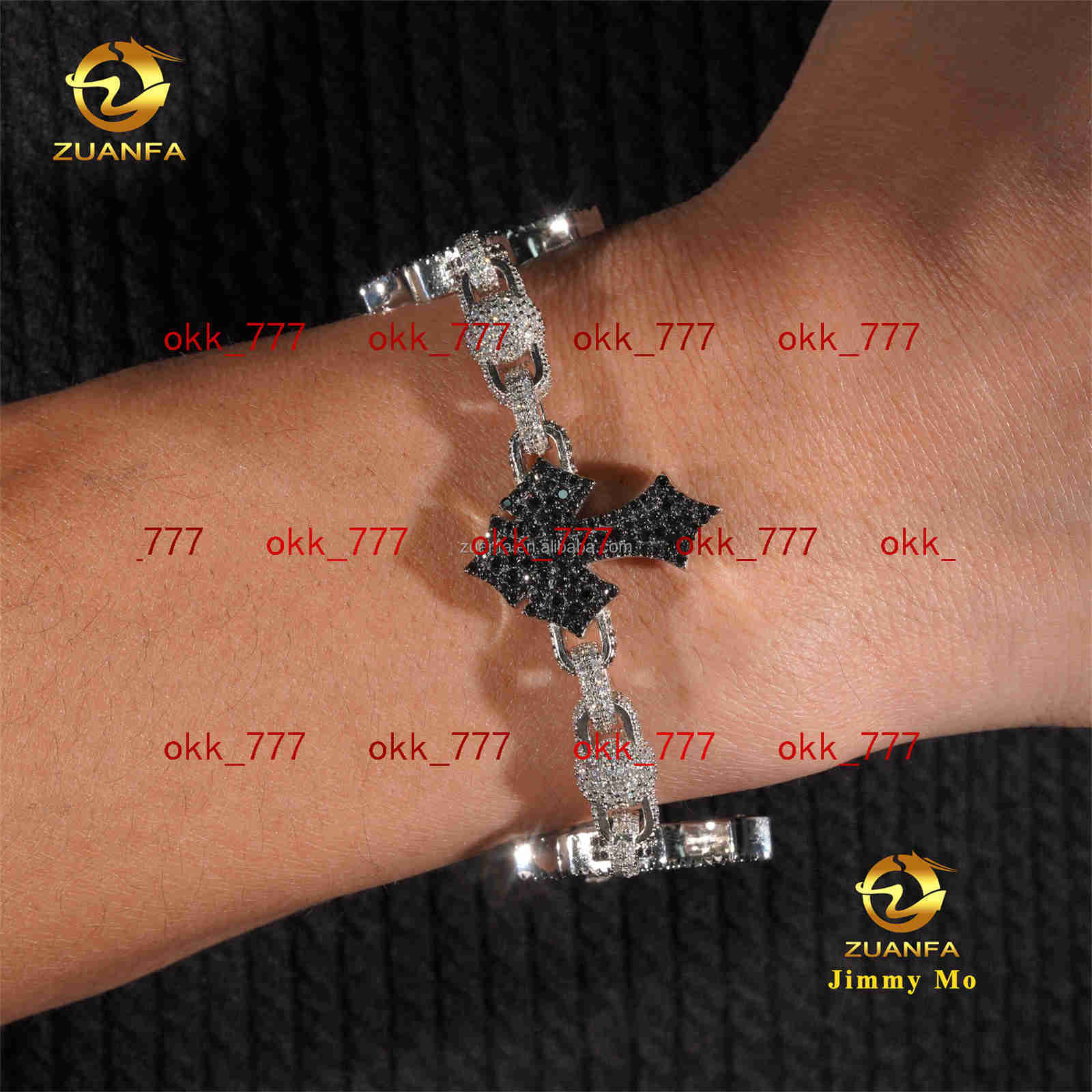 Customized Personalized Black Moissanite 925 Silver Iced Out Hip Hop Jewelry VVS1 Moissanite Diamond Cross Cuban Bracelet Men