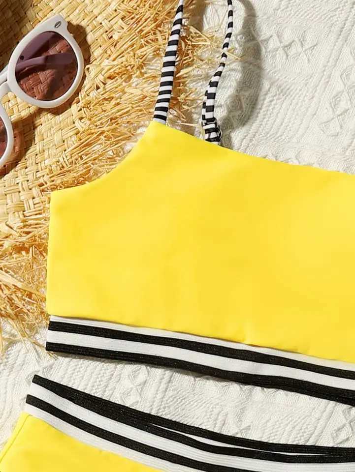 Tape Trim Girl Swimsuit Kids Sport Two Piece Childrens Swimwear 7-14 Years Teenage Bikini Set Girls Bathing Suit BeachwearW251113