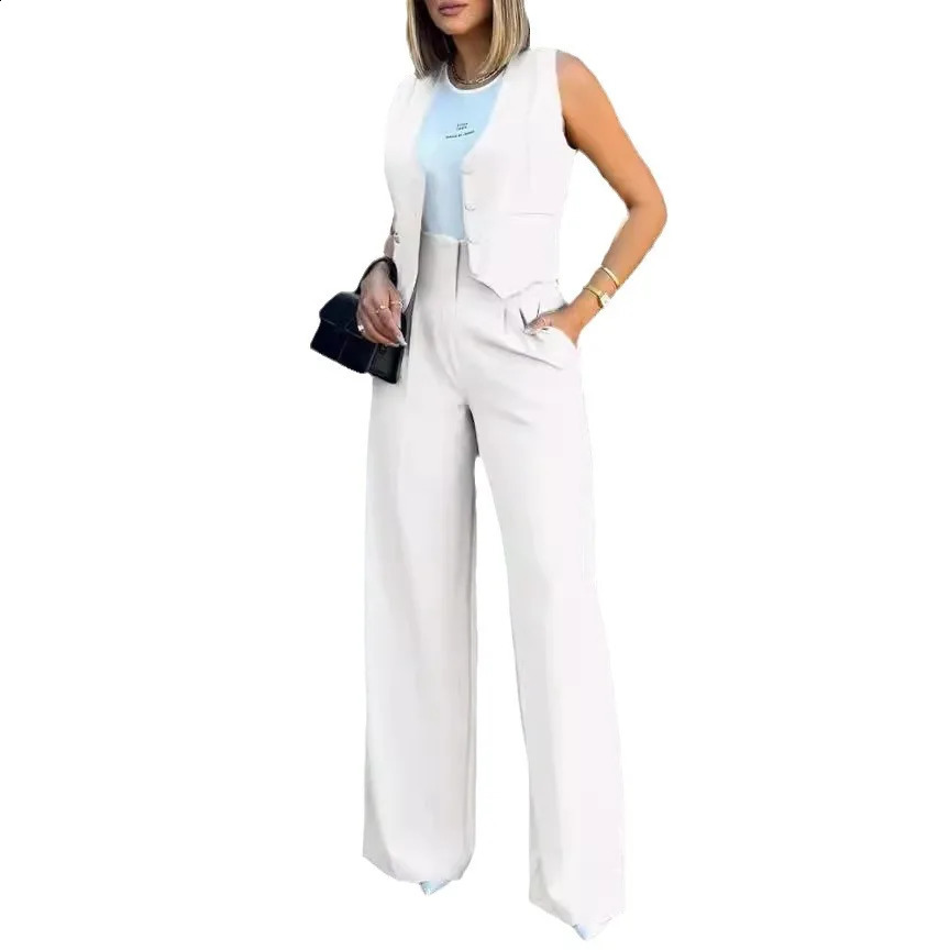 Women OL Blazer Pant Sets 2 Pieces Casual Slim Notched Cardigan Blazer Waistcoat High Elastic Pocket Wide Leg Trousers Suits 250410