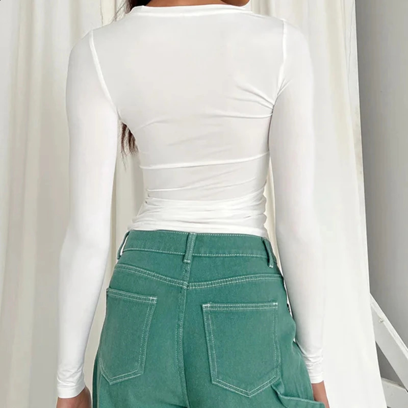 Womens clothing long sleeved slim fit T-shirt top womens O-neck knitted close fitting T-shirt street wear item 2408 250410