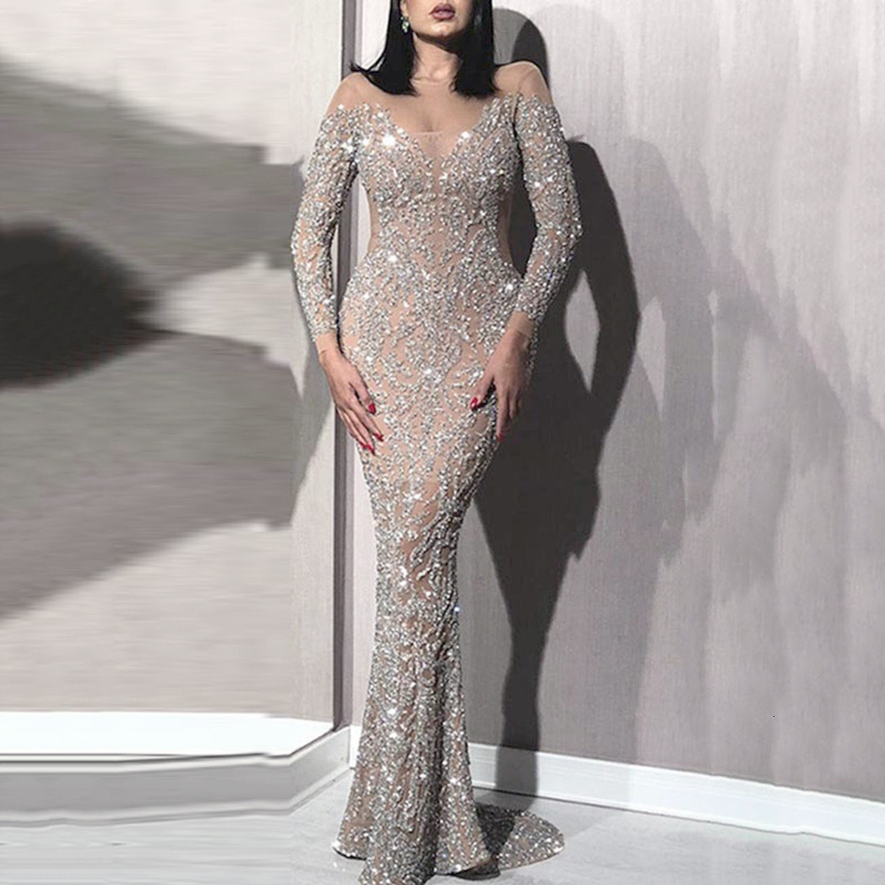 2025 Spring New Womens Hot Stamped Long Sleeve Slimming Sexy Long Dress Banquet Evening Dress