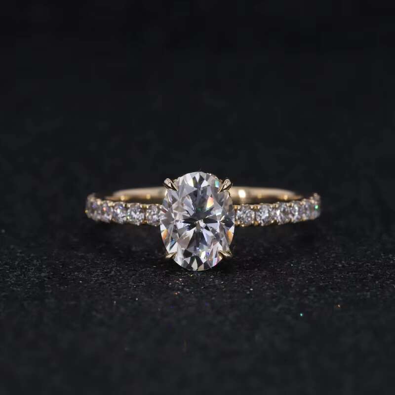 14k Yellow Gold 6*8mm Oval Moissanite and Melee Diamonds Engagement Ring