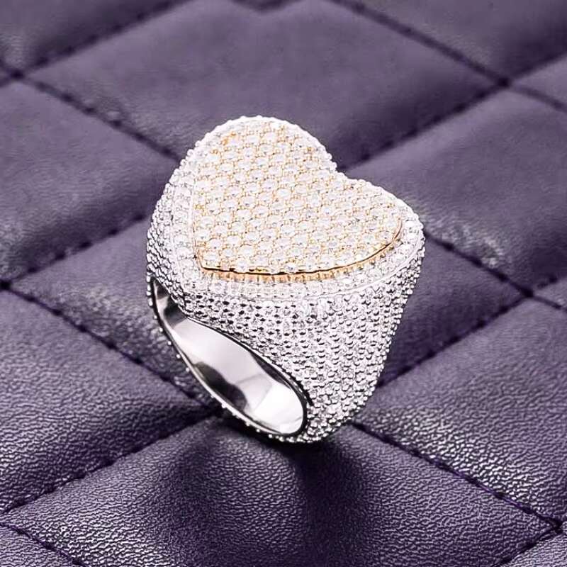 GRA Hip Hop Iced Out Bling 925 Sterling Silver Pass Diamond Tester VVS Two Tone Moissanite Heart Shaped Ring for Men New Design
