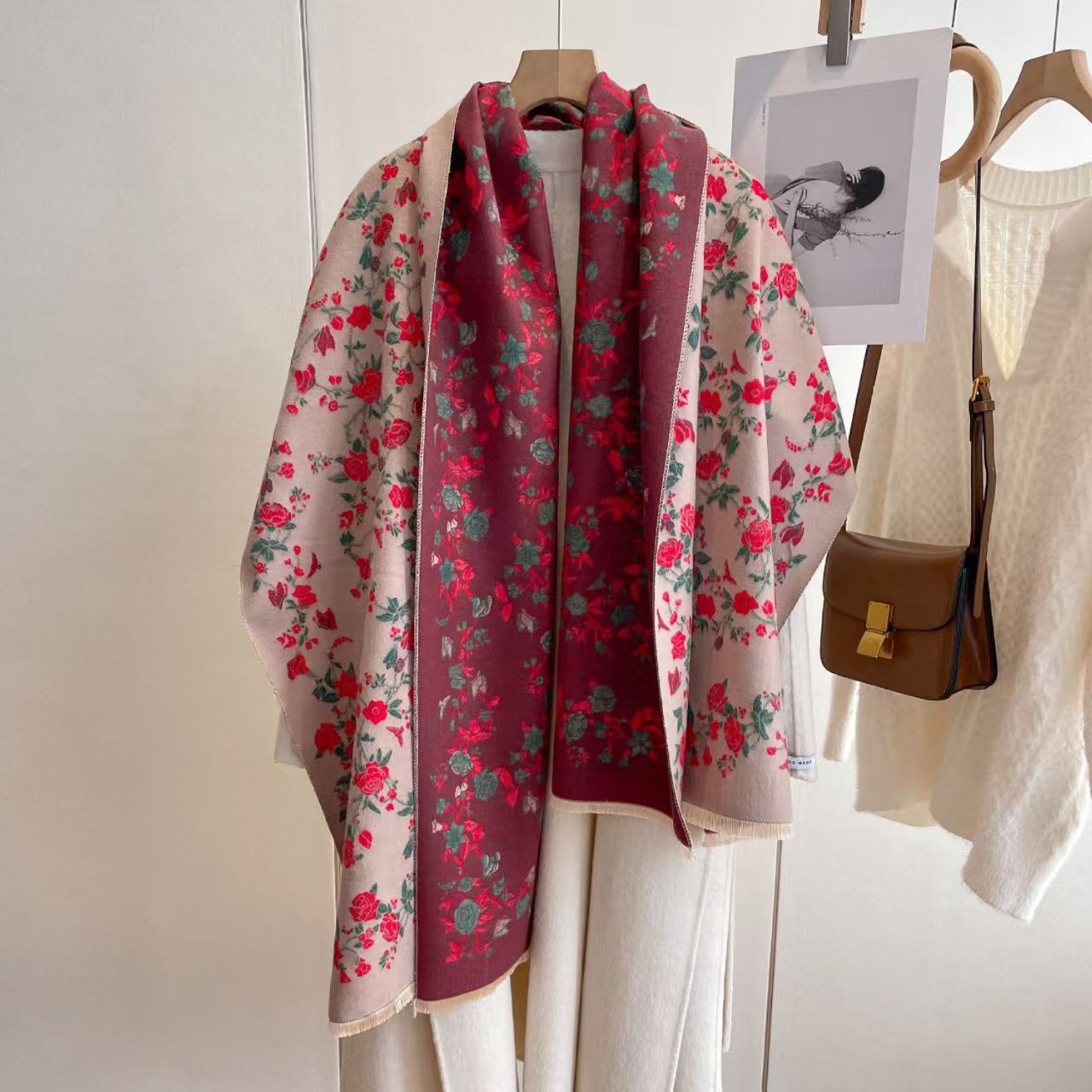 T464 elegant floral beige double-sided scarf female autumn and winter Chinese style printed cashmere shawl thick warm
