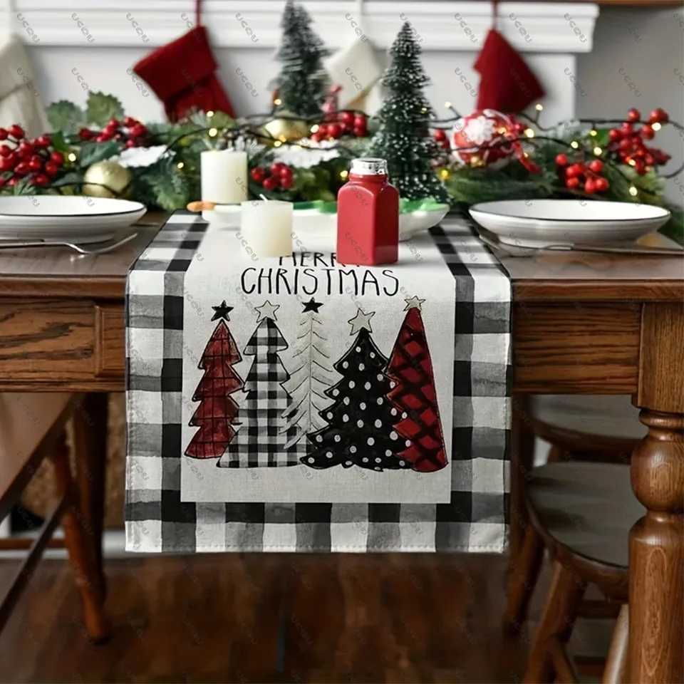 Christmas Waterclor Buffalo Plaid Christmas Trees Merry Xmas Table Runner Holiday Decorative Cloth Flag Family Party Kitchen Gift Flax Xma Y251113