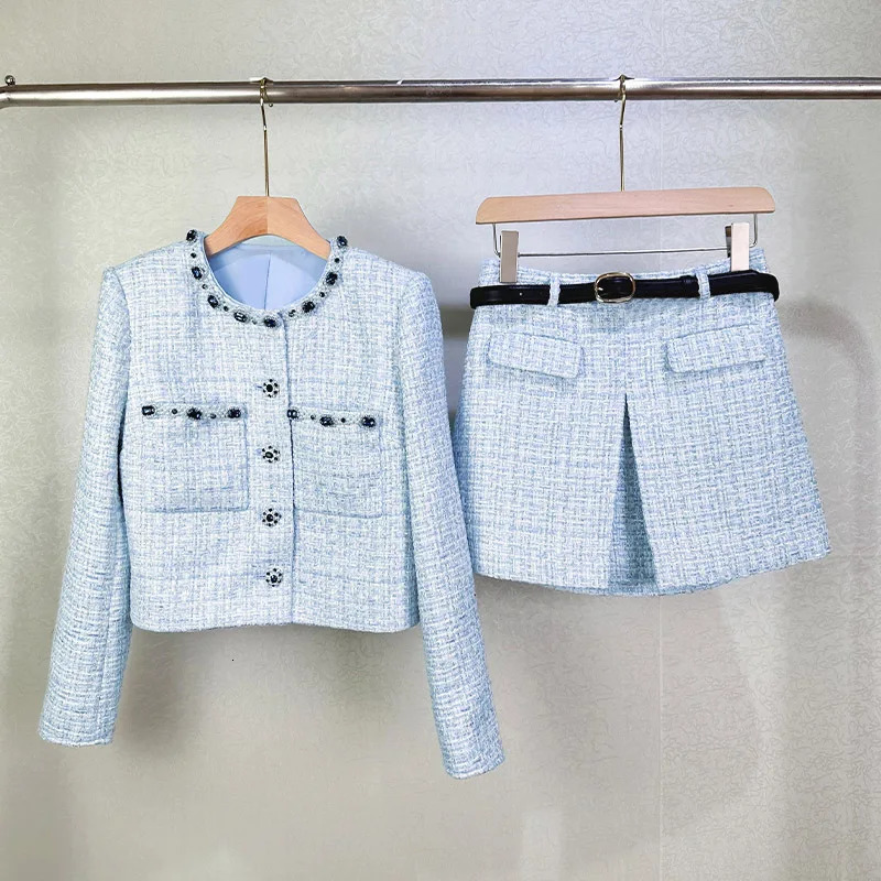 Crystal Tweed Dress 2 Piece Sets Women Tweed Jackets Blue Coats A Line Short Skirts Office Lady Work Retro Casual Outfits 251106