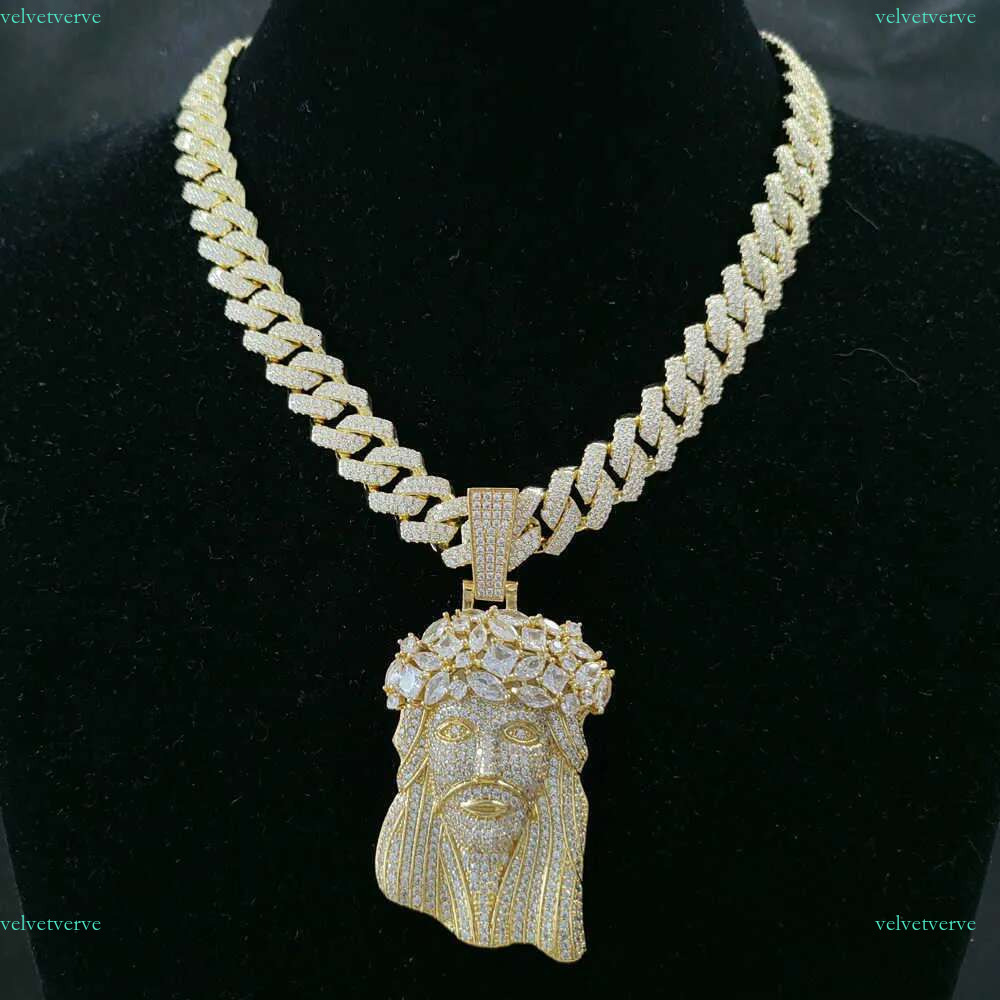 Iced Out Big Size Gold Plated Brass 5A CZ Dia Jesus Head Pendant Necklace With 13mm Cuban k Chain For Men