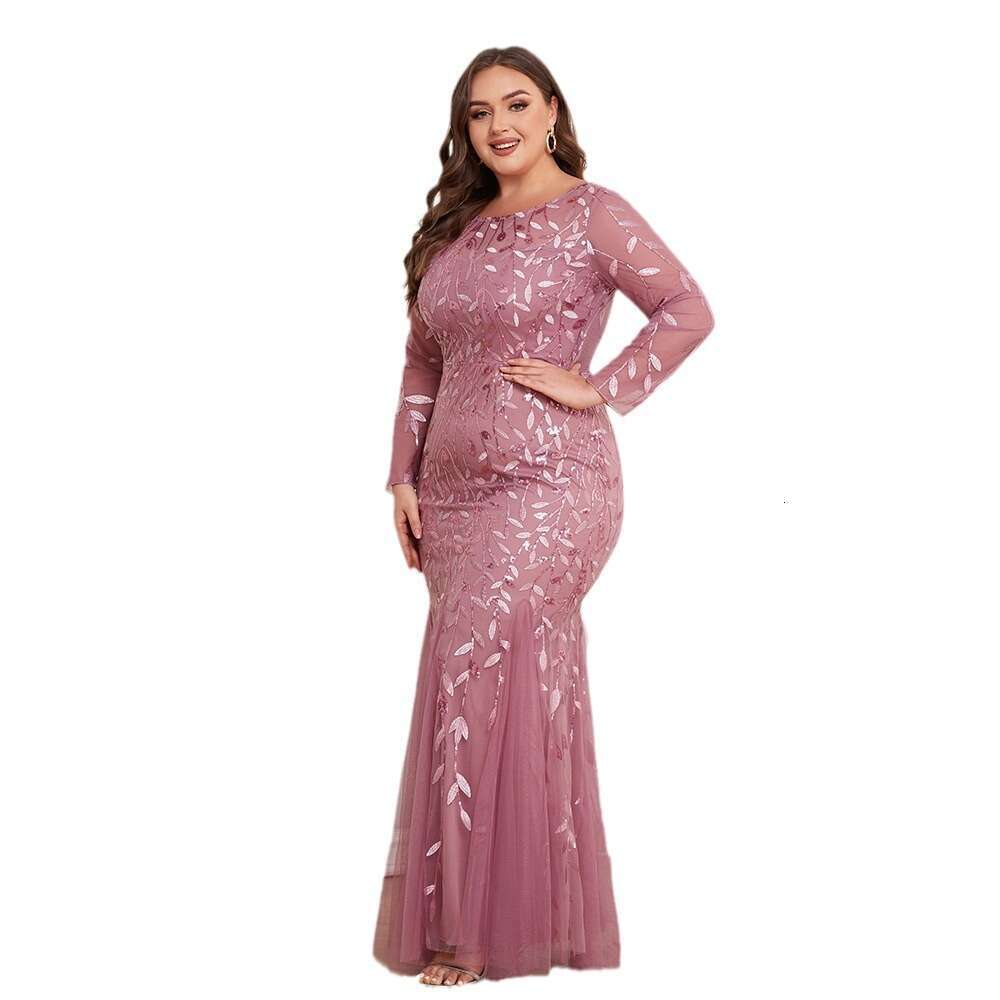 Designer Plus Size 2025 Hot Selling Sleeved Round Neck Fully Lined Back Zipper Fish Tail Long Skirt Embroidered Evening Gown