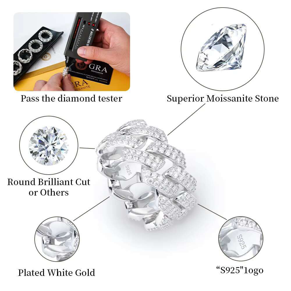 925 Sterling Silver Cuban Ring Pass Diamond Tester with VVS1 DEF Color Diamond Moissanite Jewelry for Wedding Hip Hop Style