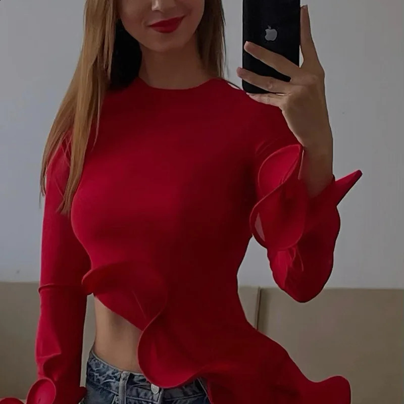 Sping Autumn Womens Elegant Sparkling Sleeves Ruffle Red Tshirt Oneck Irregular Solid Kassar Crop Top 250407