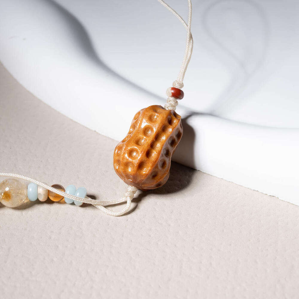 Dunhuang "Lucky Peanuts" Agate & Sandalwood Pendant - Natural Stone Wood Necklace for Good Fortune & Blessings