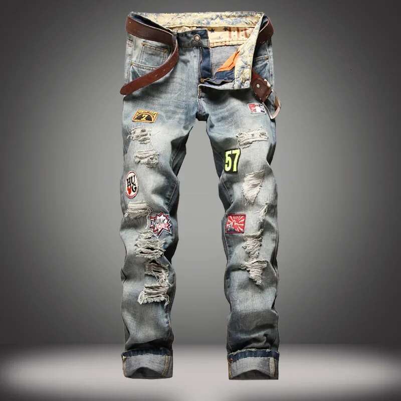 High Street Casual Motorcycle Jeans For Men (Without Belt) Badge Distressed Straight-Leg Slim-Fit Ripped Denim Trousers Male