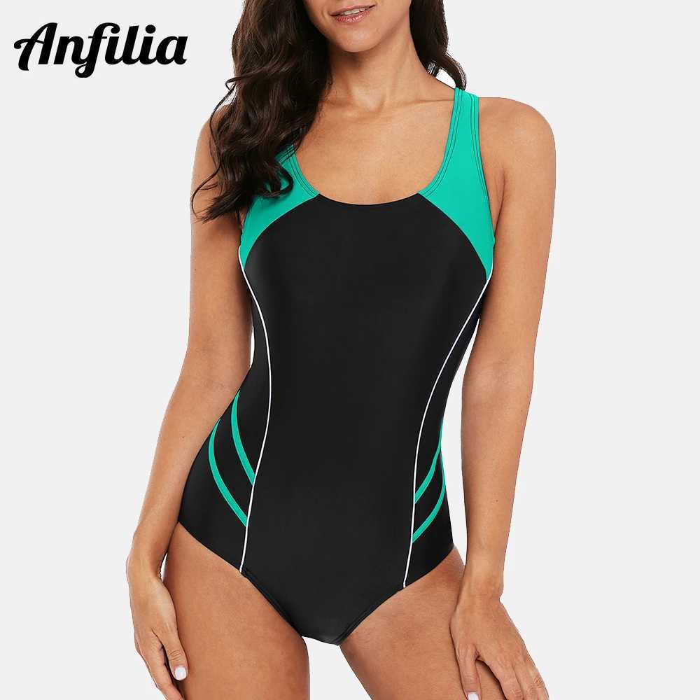 Anfilia One Piece Women Sports Swimwear Sports Swimsuit Patchwork Beachwear fitness slim Bathing Suit Padded Bikini MonikiniW251113