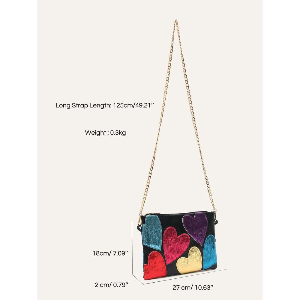 Design Colorful Metallic PU Leather Clutch Women Fashion Sweet Hearts Pattern Square Handbags Chain Crossbody Girls Purse