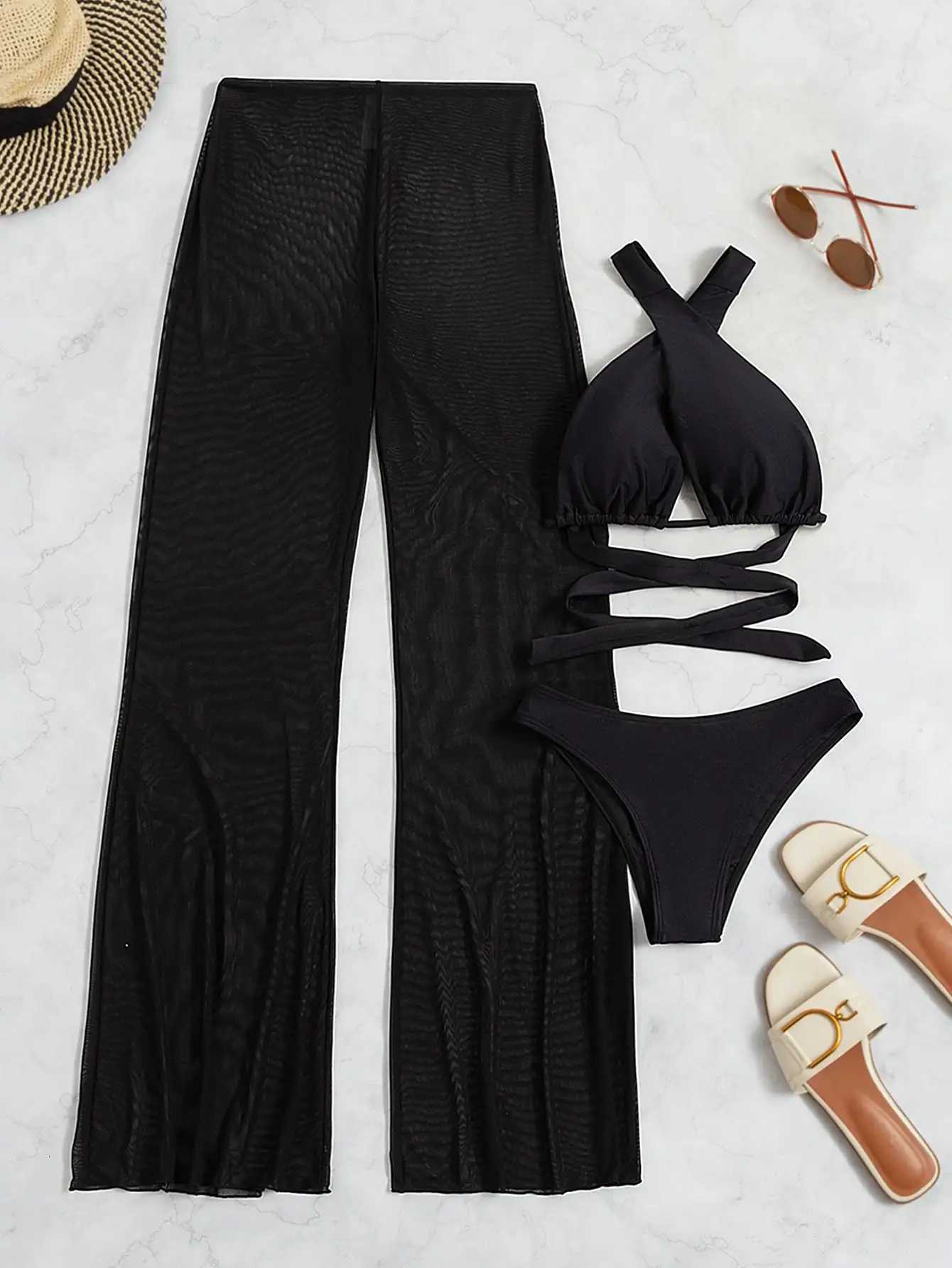 3 Pieces Plain Criss Cross Bikinis Swimsuit Pants Swimwear Women 2025 Bathers Bathing Swimming Suit Female Summer BeachwearW251113