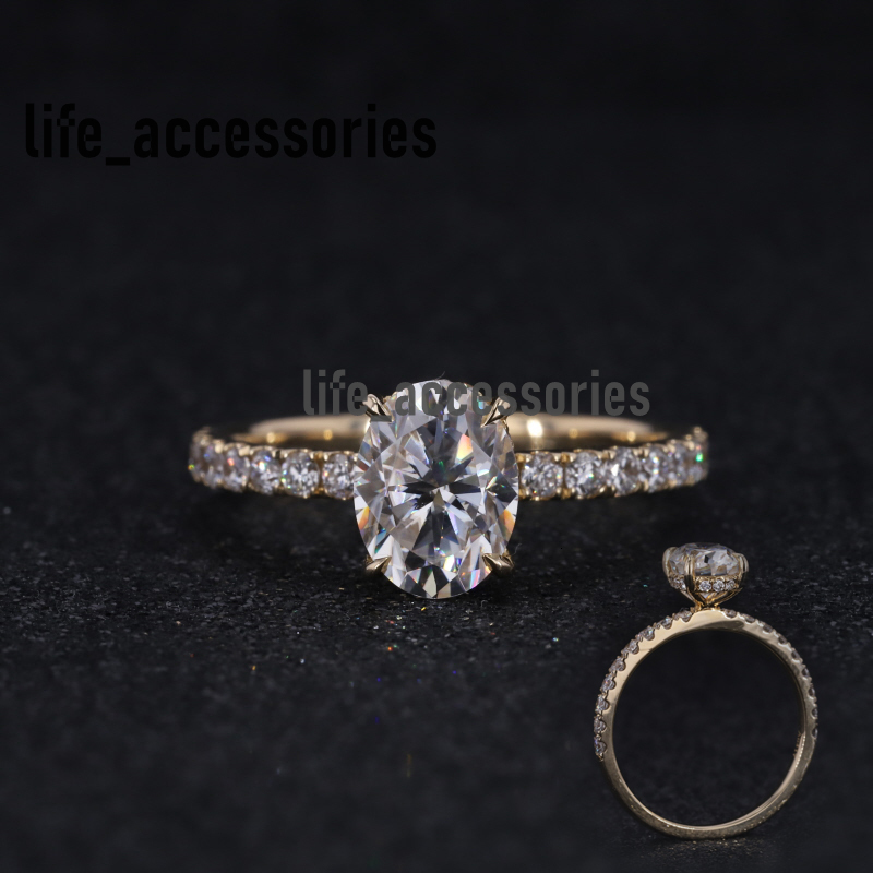 14k Yellow Gold 6*8mm Oval Moissanite and Melee Diamonds Engagement Ring