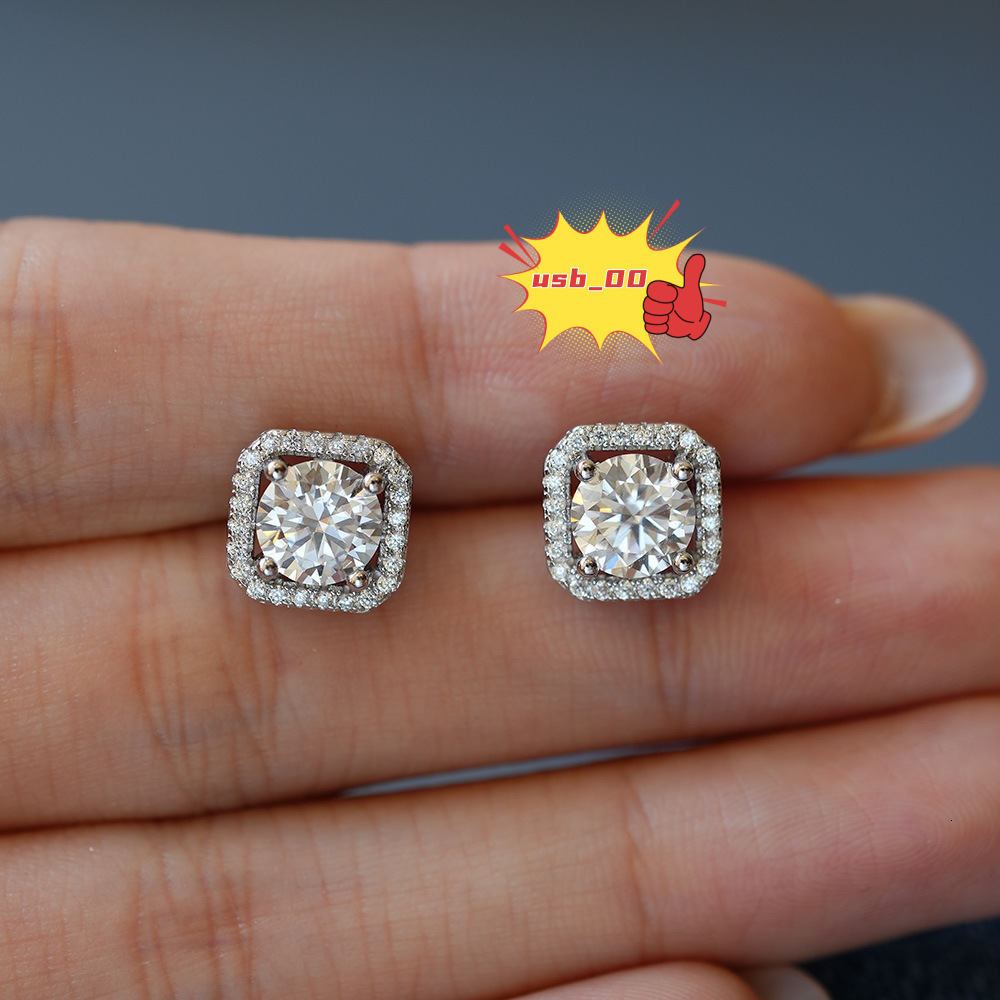 Moissanite Iced Out Hip Hop Sterling Silver 925 White Gold Plated Screw Back Square Diamond Stud Earrings