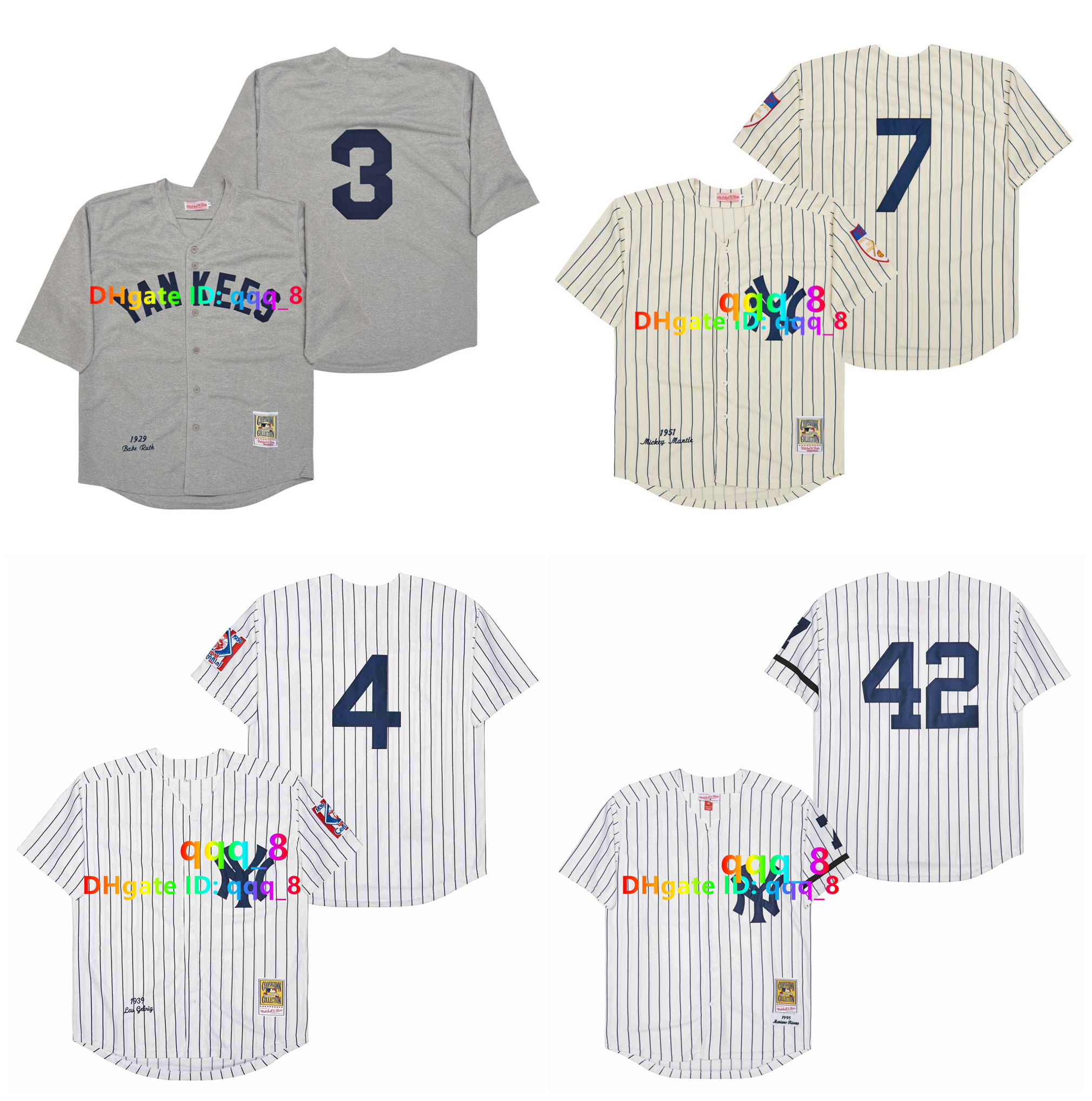 Babe Ruth Mantle Yankees Throwback Baseball Jerseys Jeter Mariano Rivera Yogi Berra Rodriguez Lou Gehrig Joe DiMaggio White Cream Size S-3XL