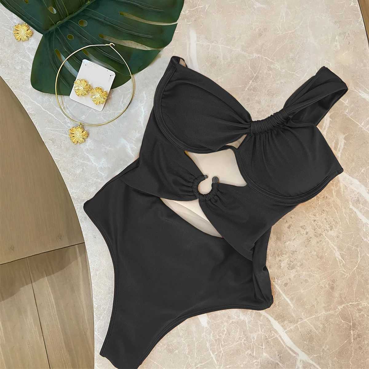 One Shoulder Swimsuit Women Swimwear 2025 Sexy Bikinis Female Biquini Hollowen Swim Suits Cut Out Bodysuit Bathingsuit BeachwearW251113